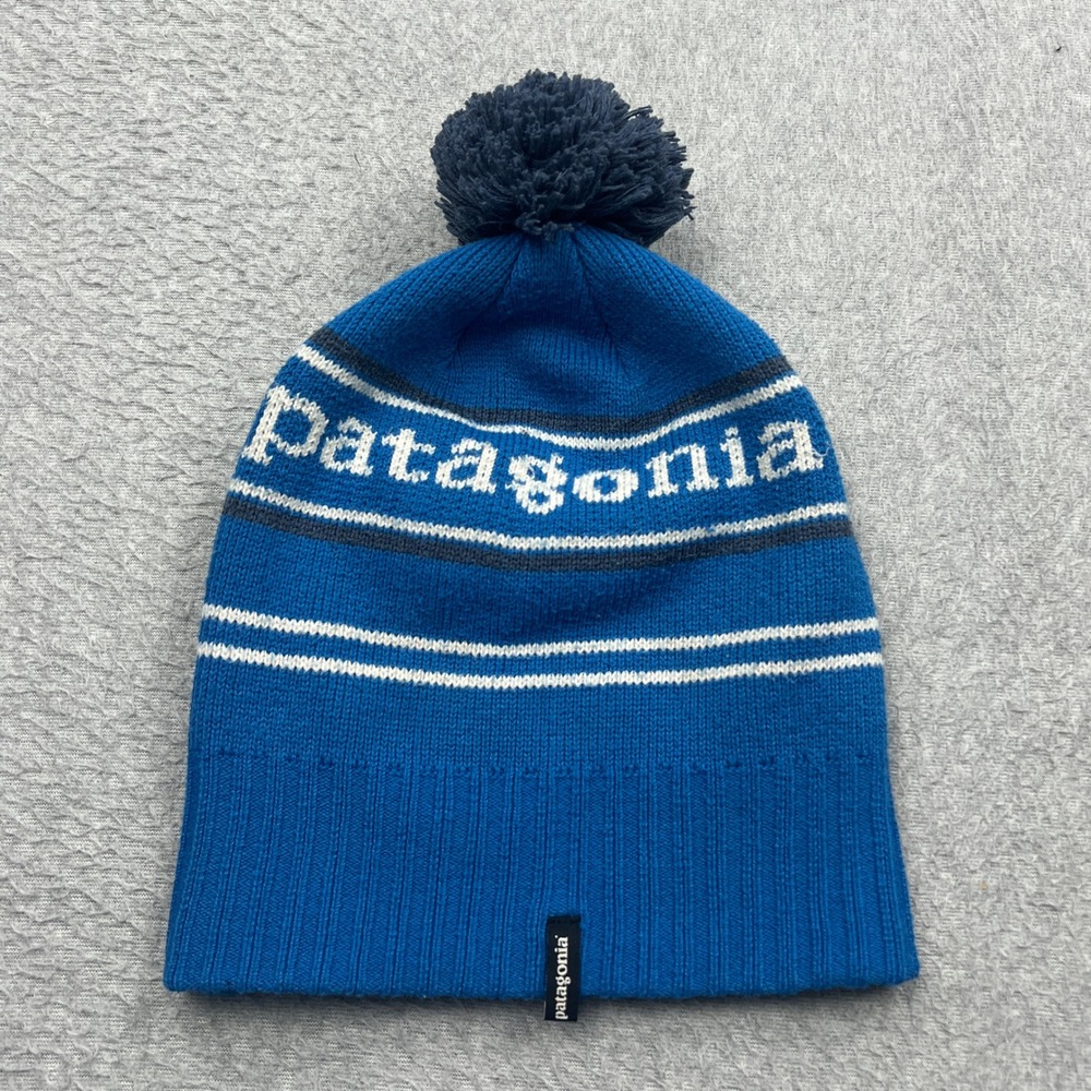 Patagonia Powder Town Beanie Kids OS Blue Striped Pom Pom Logo Knit Hat 66061